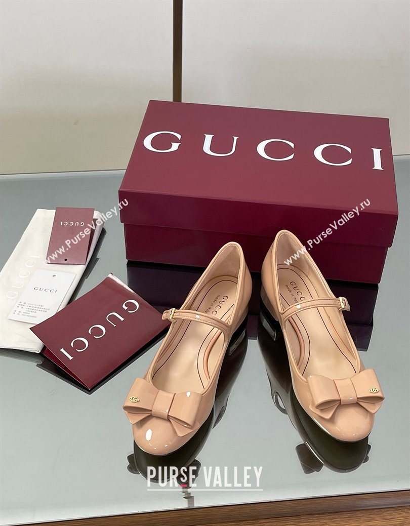 Gucci Bow Mary Jane Ballet Flats in Patent Leather Nude 2025 835748 (MD-250828028)