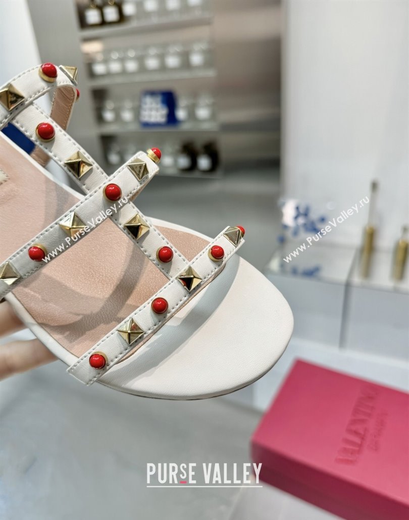 Valentino Rockstud Flat Slides Sandal in Calfskin with Stones Optic White 2025 VLTN042803 (XL-250428056)