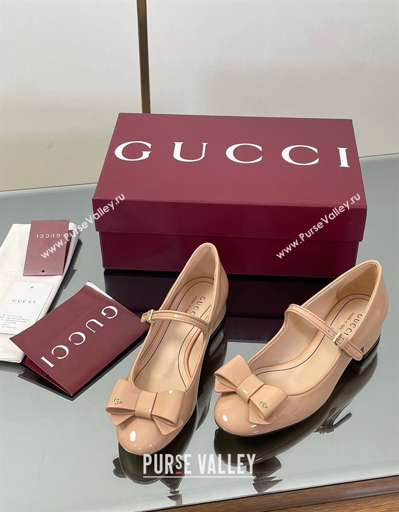 Gucci Bow Mary Jane Ballet Flats in Patent Leather Nude 2025 835748 (MD-250828028)
