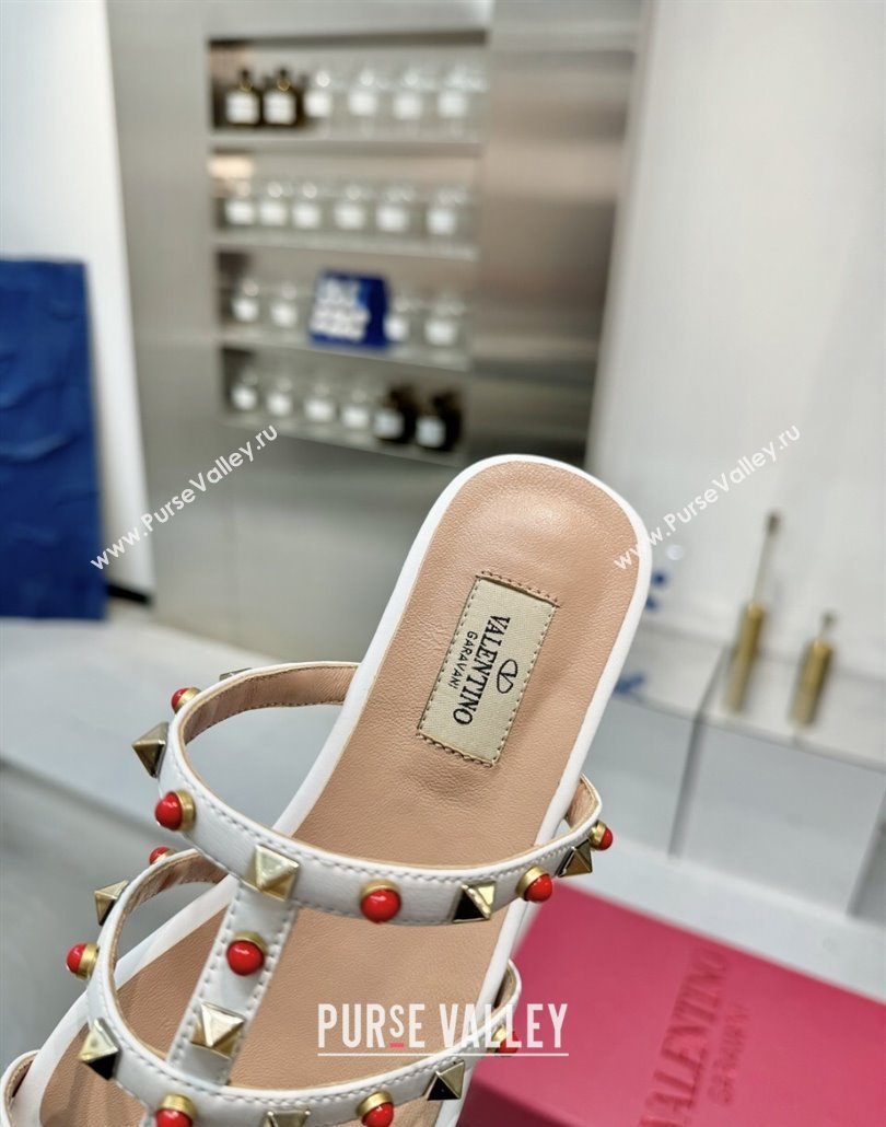 Valentino Rockstud Flat Slides Sandal in Calfskin with Stones Optic White 2025 VLTN042803 (XL-250428056)