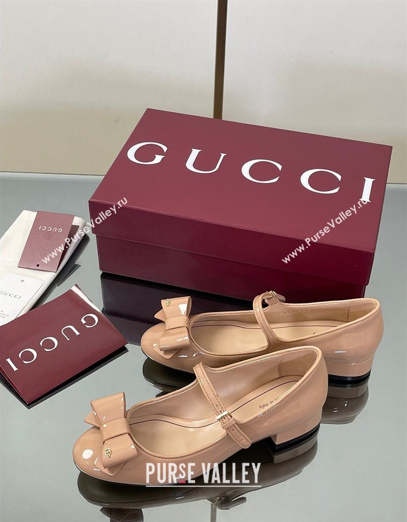 Gucci Bow Mary Jane Ballet Flats in Patent Leather Nude 2025 835748 (MD-250828028)