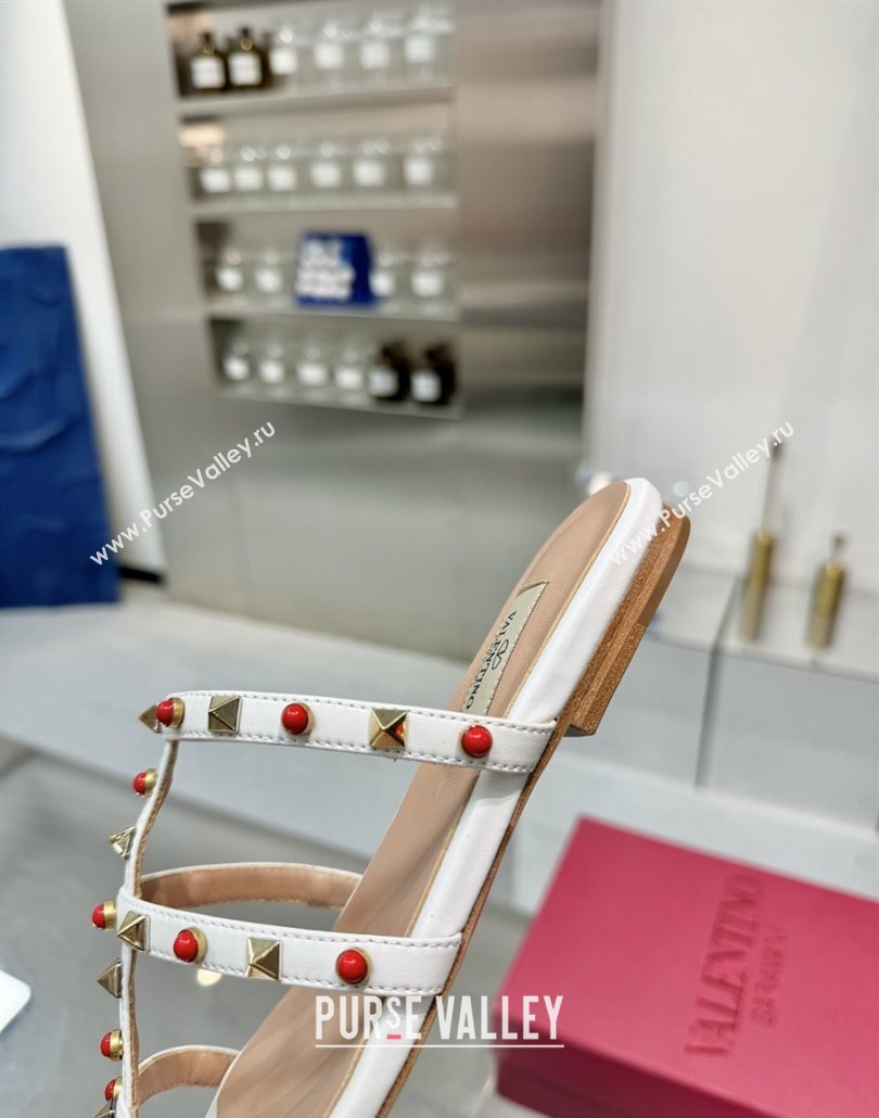 Valentino Rockstud Flat Slides Sandal in Calfskin with Stones Optic White 2025 VLTN042803 (XL-250428056)
