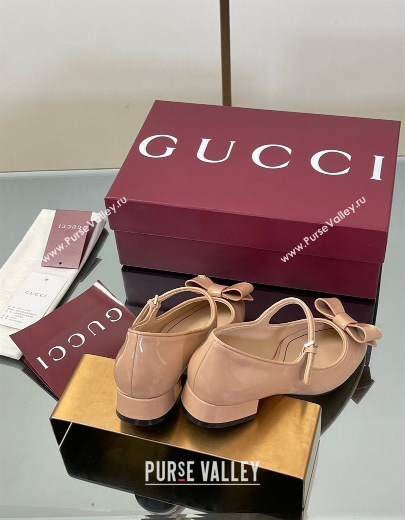 Gucci Bow Mary Jane Ballet Flats in Patent Leather Nude 2025 835748 (MD-250828028)
