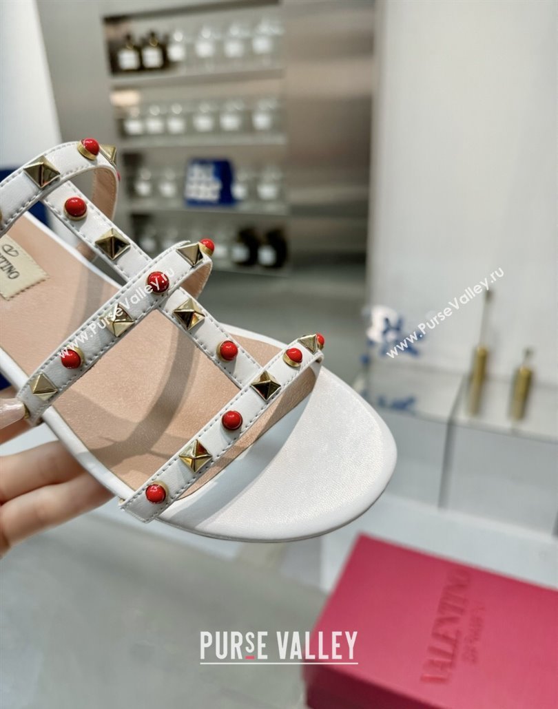 Valentino Rockstud Flat Slides Sandal in Calfskin with Stones Optic White 2025 VLTN042803 (XL-250428056)