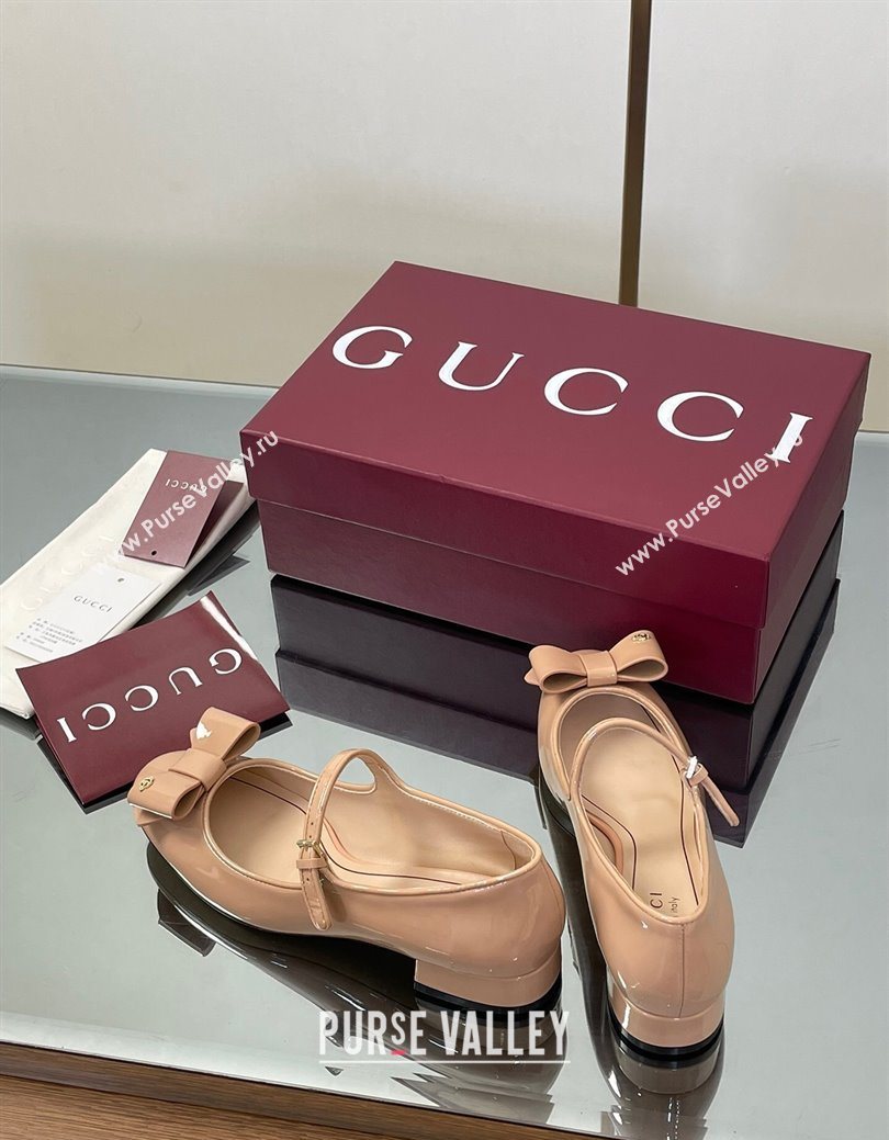 Gucci Bow Mary Jane Ballet Flats in Patent Leather Nude 2025 835748 (MD-250828028)
