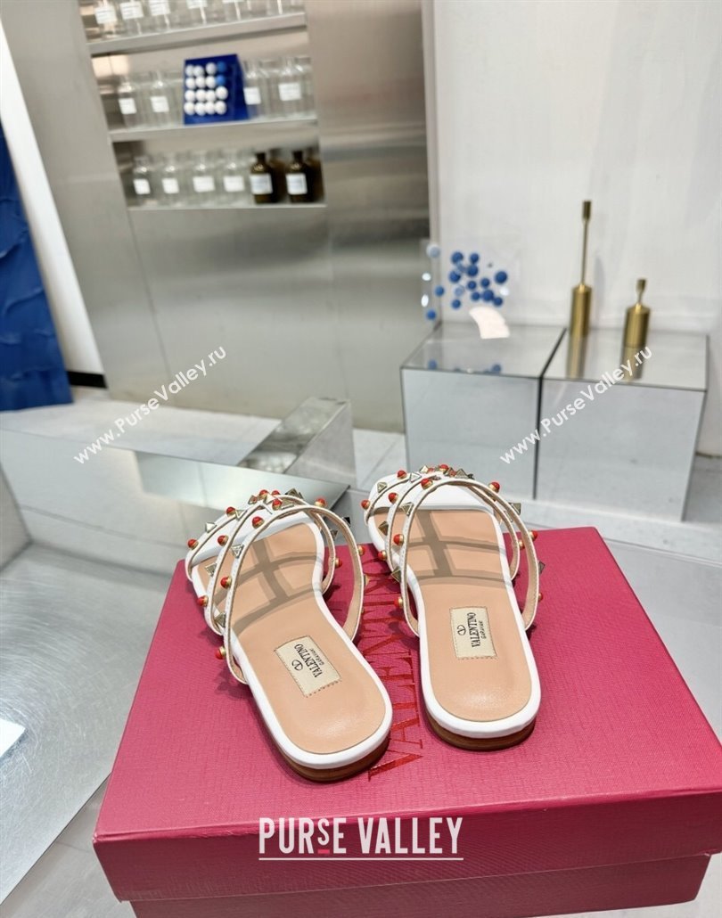 Valentino Rockstud Flat Slides Sandal in Calfskin with Stones Optic White 2025 VLTN042803 (XL-250428056)