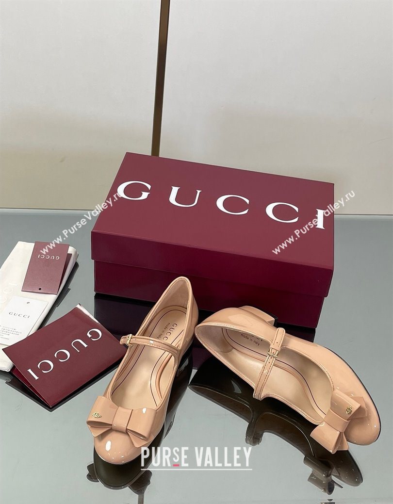 Gucci Bow Mary Jane Ballet Flats in Patent Leather Nude 2025 835748 (MD-250828028)