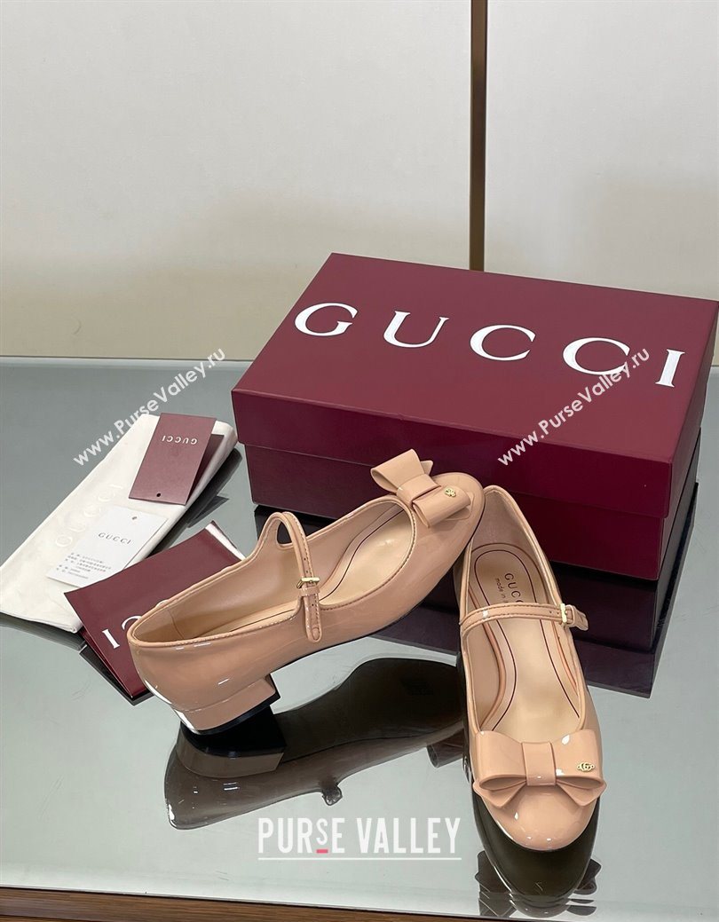 Gucci Bow Mary Jane Ballet Flats in Patent Leather Nude 2025 835748 (MD-250828028)