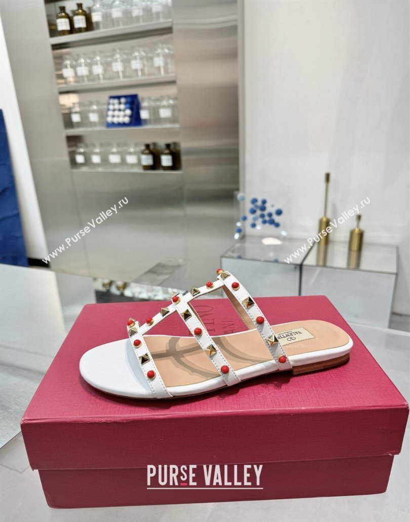 Valentino Rockstud Flat Slides Sandal in Calfskin with Stones Optic White 2025 VLTN042803 (XL-250428056)