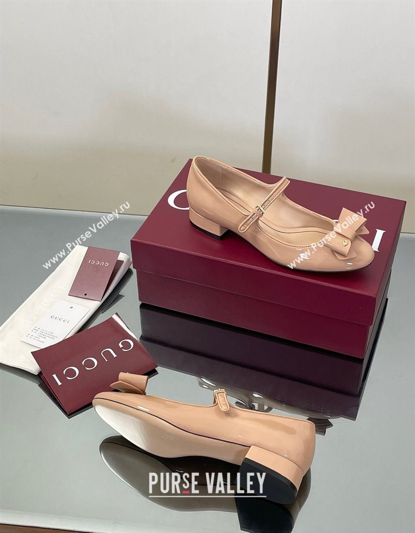 Gucci Bow Mary Jane Ballet Flats in Patent Leather Nude 2025 835748 (MD-250828028)