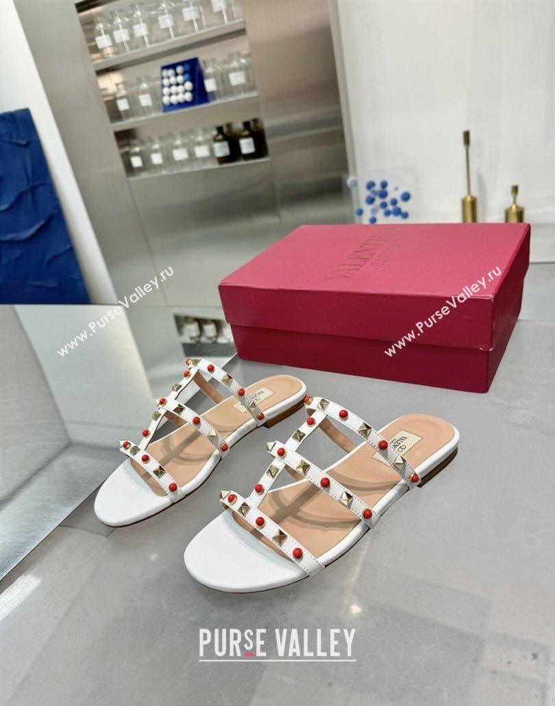 Valentino Rockstud Flat Slides Sandal in Calfskin with Stones Optic White 2025 VLTN042803 (XL-250428056)