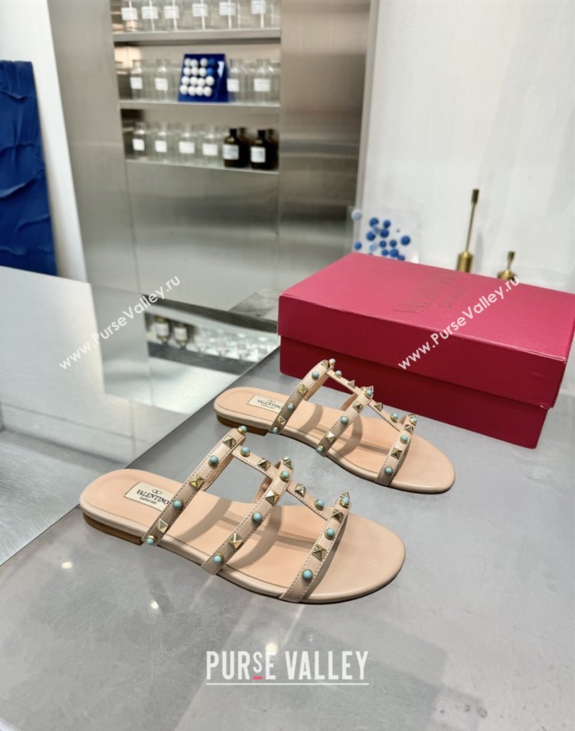 Valentino Rockstud Flat Slides Sandal in Calfskin with Stones Beige 2025 VLTN042803 (XL-250428057)