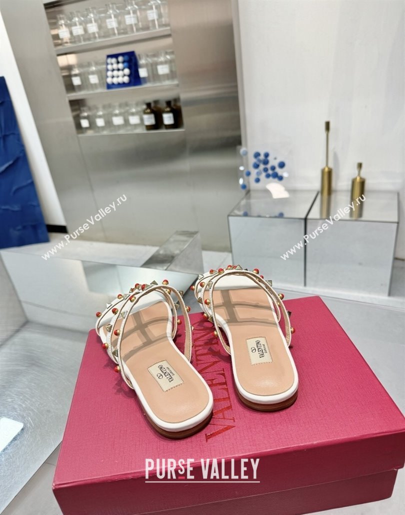 Valentino Rockstud Flat Slides Sandal in Calfskin with Stones Beige 2025 VLTN042803 (XL-250428057)