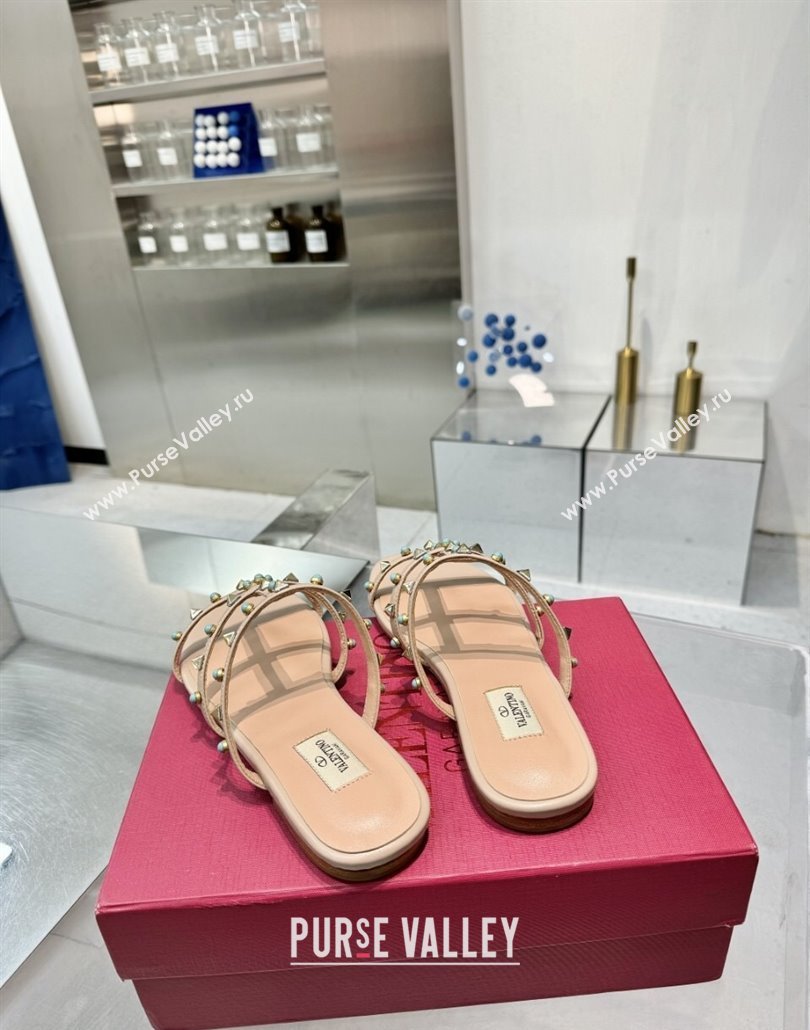 Valentino Rockstud Flat Slides Sandal in Calfskin with Stones Beige 2025 VLTN042803 (XL-250428057)