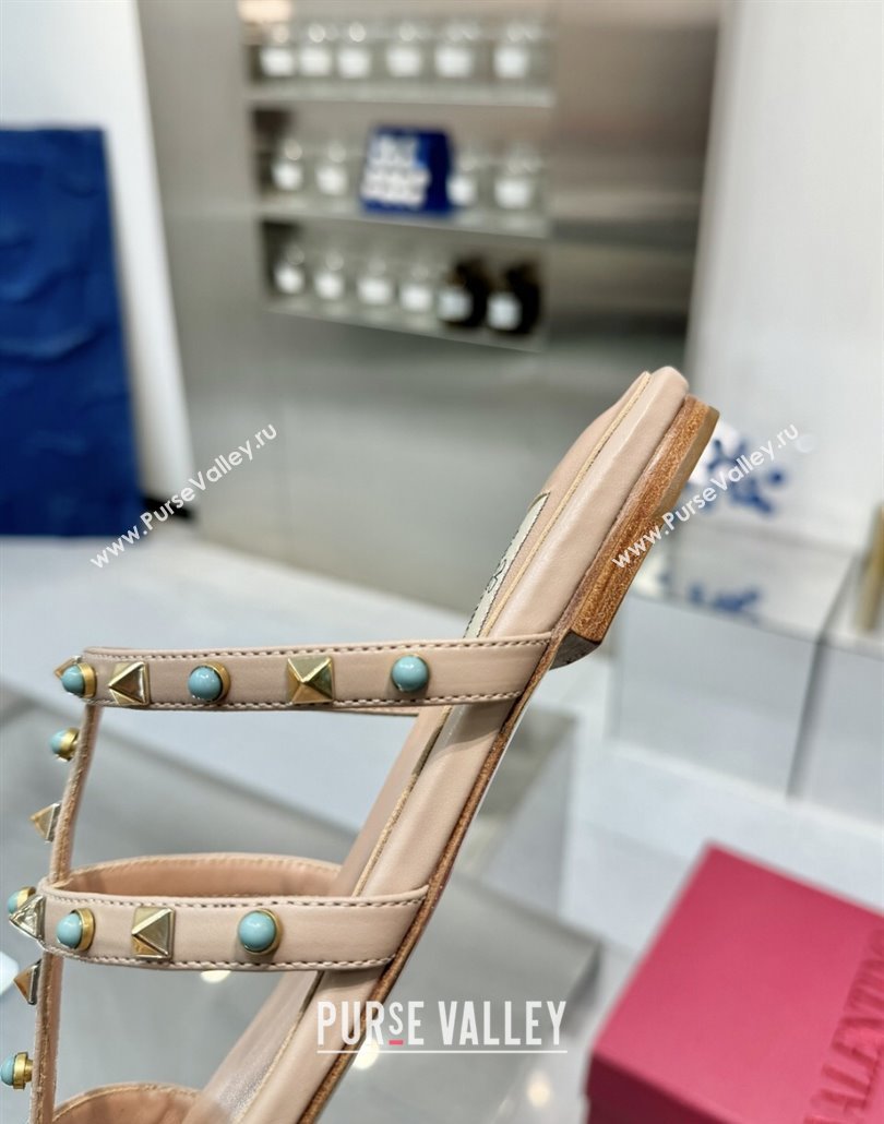 Valentino Rockstud Flat Slides Sandal in Calfskin with Stones Beige 2025 VLTN042803 (XL-250428057)