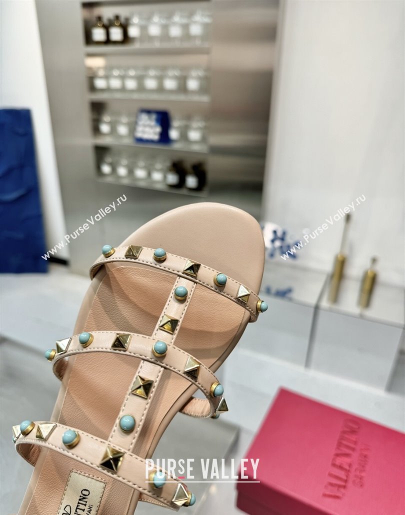 Valentino Rockstud Flat Slides Sandal in Calfskin with Stones Beige 2025 VLTN042803 (XL-250428057)