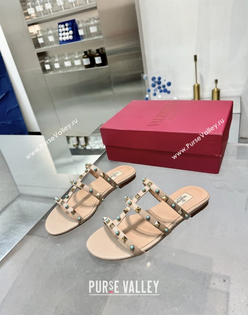 Valentino Rockstud Flat Slides Sandal in Calfskin with Stones Beige 2025 VLTN042803 (XL-250428057)