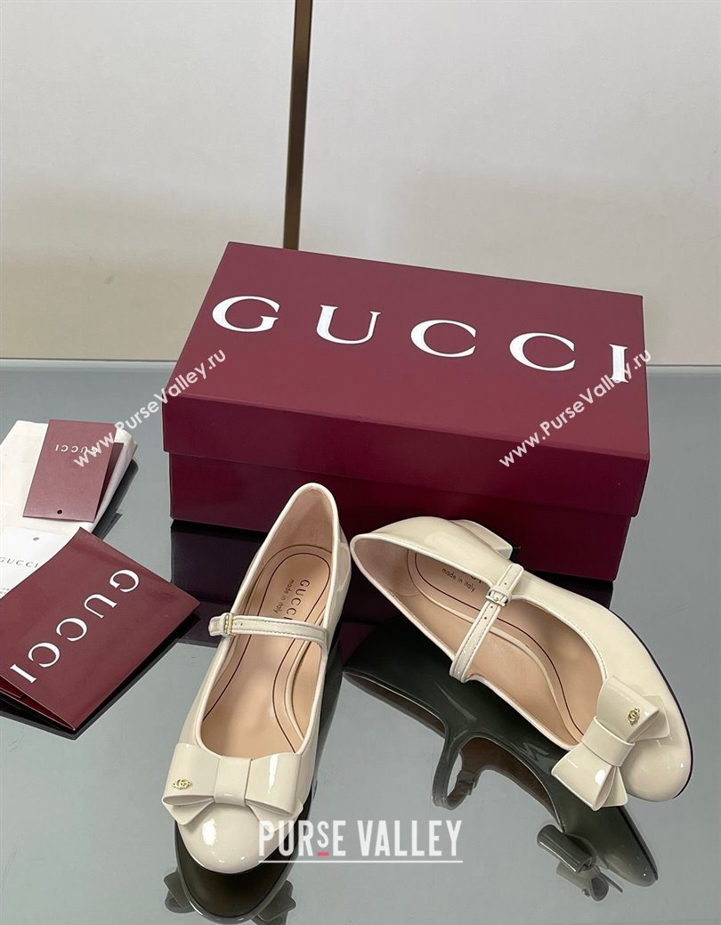 Gucci Bow Mary Jane Ballet Flats in Patent Leather White 2025 835748 (MD-250828029)