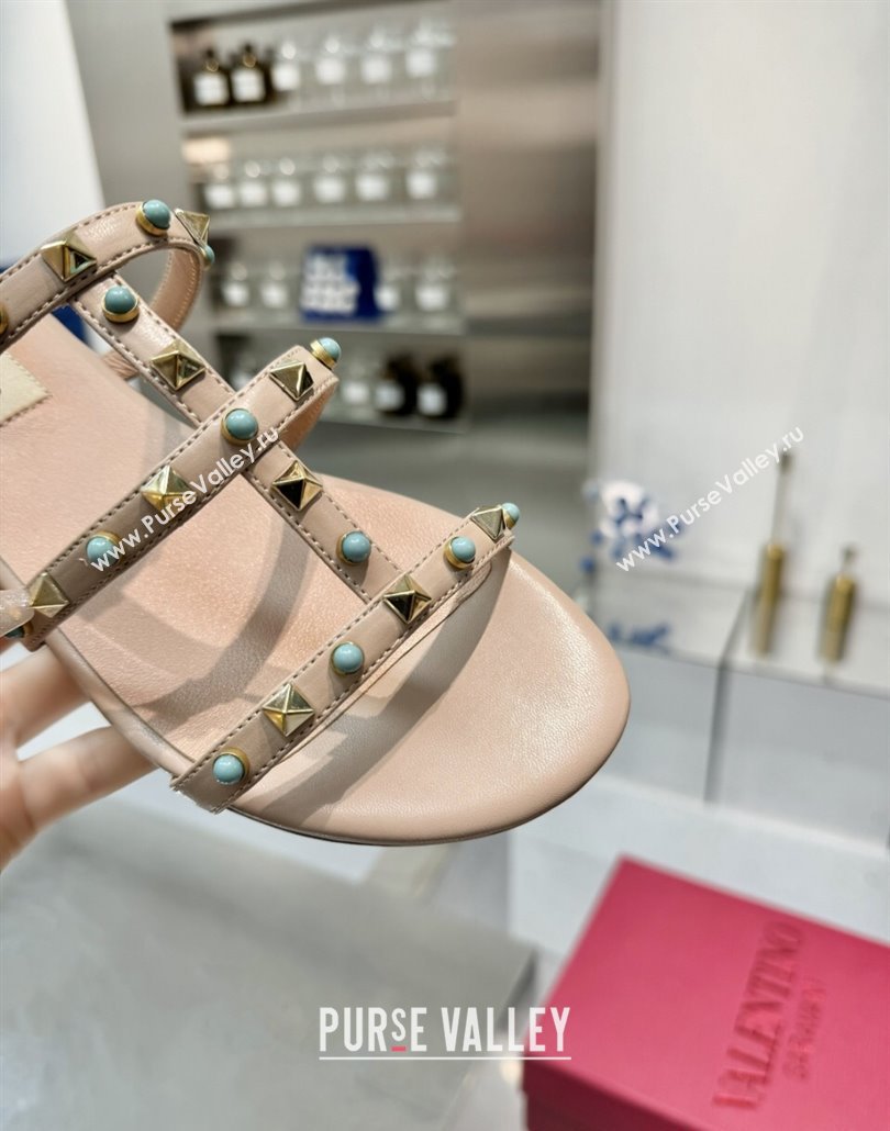 Valentino Rockstud Flat Slides Sandal in Calfskin with Stones Beige 2025 VLTN042803 (XL-250428057)
