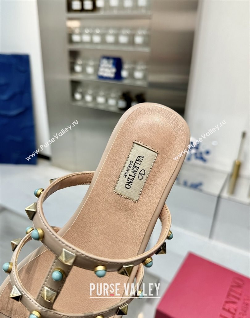 Valentino Rockstud Flat Slides Sandal in Calfskin with Stones Beige 2025 VLTN042803 (XL-250428057)