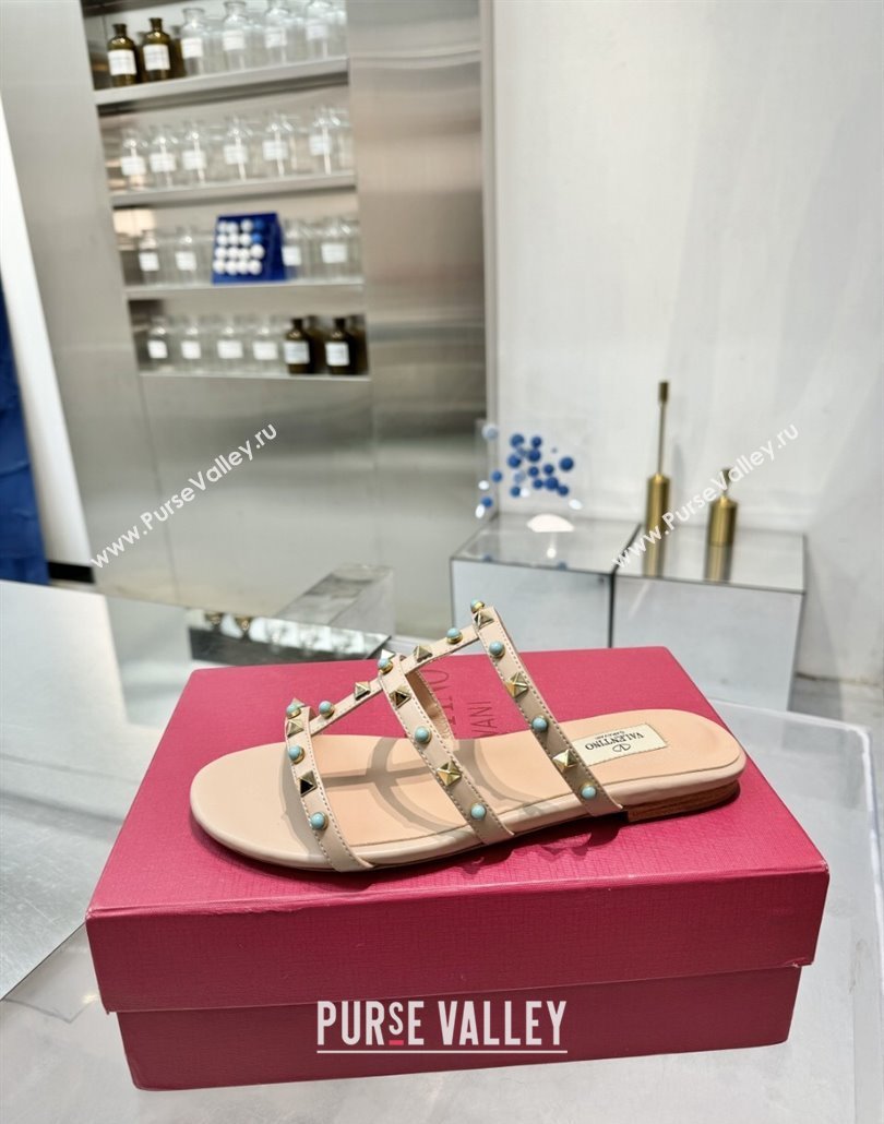 Valentino Rockstud Flat Slides Sandal in Calfskin with Stones Beige 2025 VLTN042803 (XL-250428057)