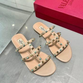 Valentino Rockstud Flat Slides Sandal in Calfskin with Stones Beige 2025 VLTN042803 (XL-250428057)