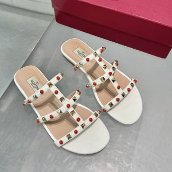 Valentino Rockstud Flat Slides Sandal in Calfskin with Stones Ivory White 2025 VLTN042803 (XL-250428058)