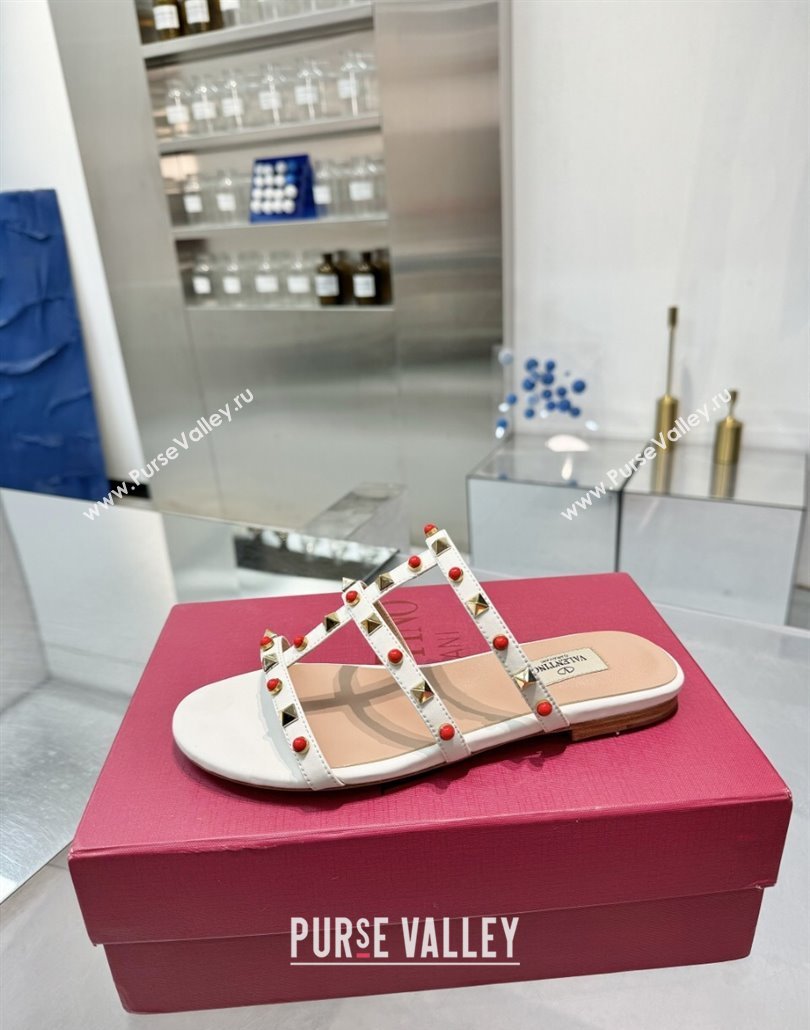 Valentino Rockstud Flat Slides Sandal in Calfskin with Stones Ivory White 2025 VLTN042803 (XL-250428058)