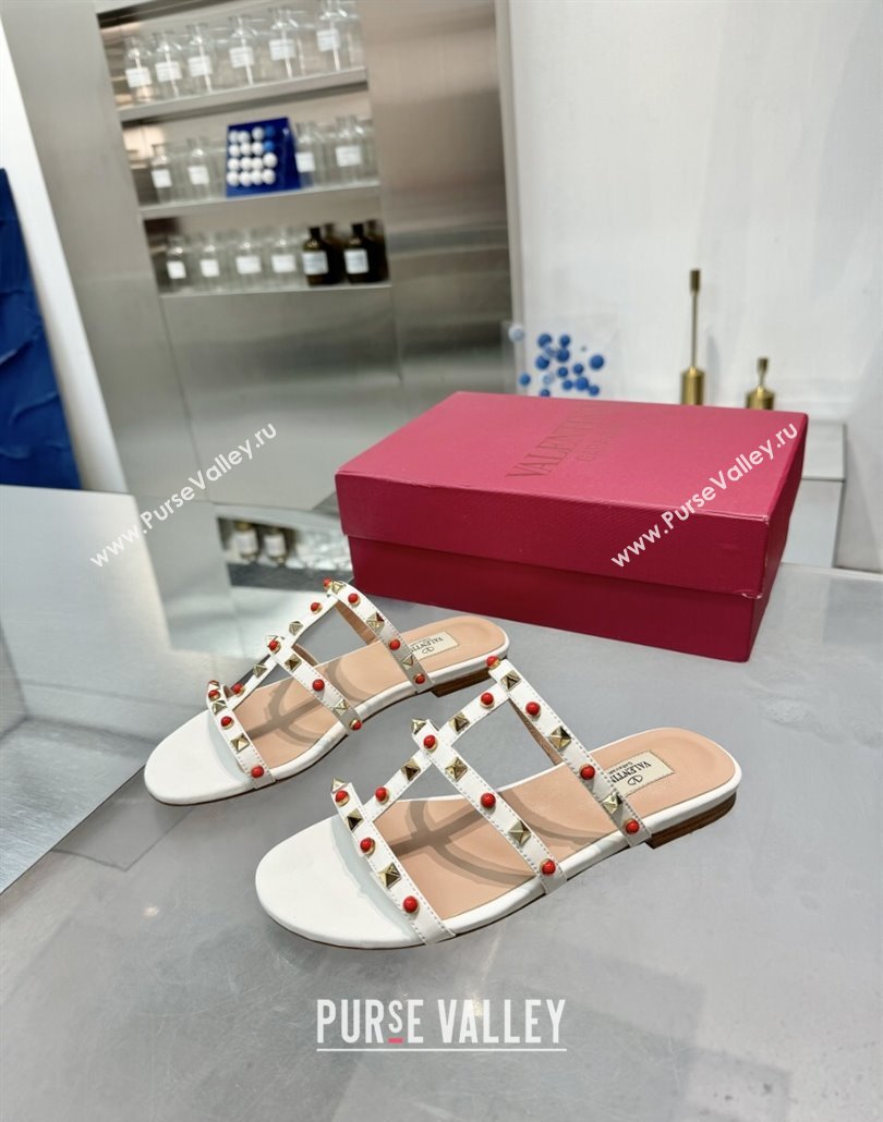 Valentino Rockstud Flat Slides Sandal in Calfskin with Stones Ivory White 2025 VLTN042803 (XL-250428058)