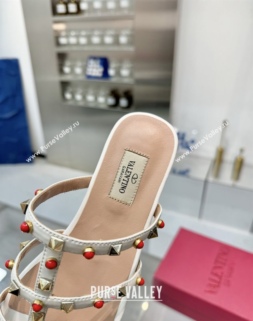 Valentino Rockstud Flat Slides Sandal in Calfskin with Stones Ivory White 2025 VLTN042803 (XL-250428058)