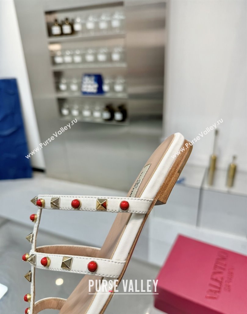 Valentino Rockstud Flat Slides Sandal in Calfskin with Stones Ivory White 2025 VLTN042803 (XL-250428058)