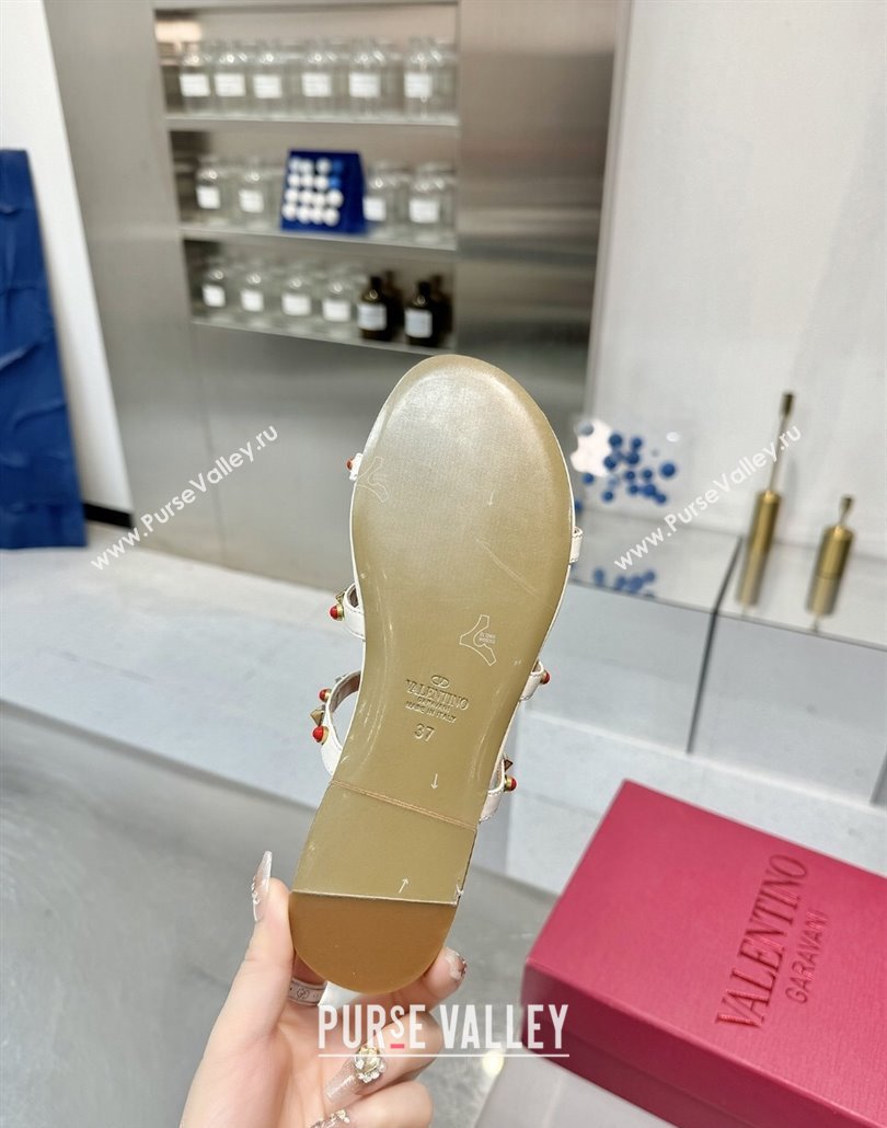 Valentino Rockstud Flat Slides Sandal in Calfskin with Stones Ivory White 2025 VLTN042803 (XL-250428058)