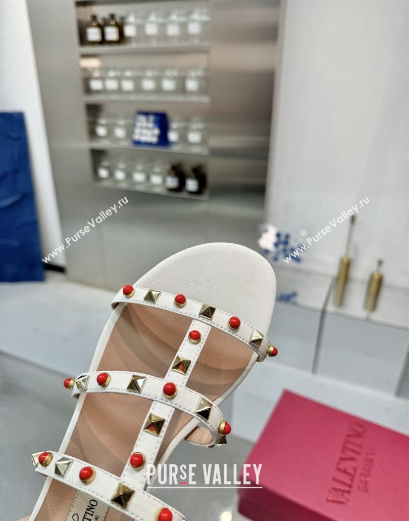 Valentino Rockstud Flat Slides Sandal in Calfskin with Stones Ivory White 2025 VLTN042803 (XL-250428058)