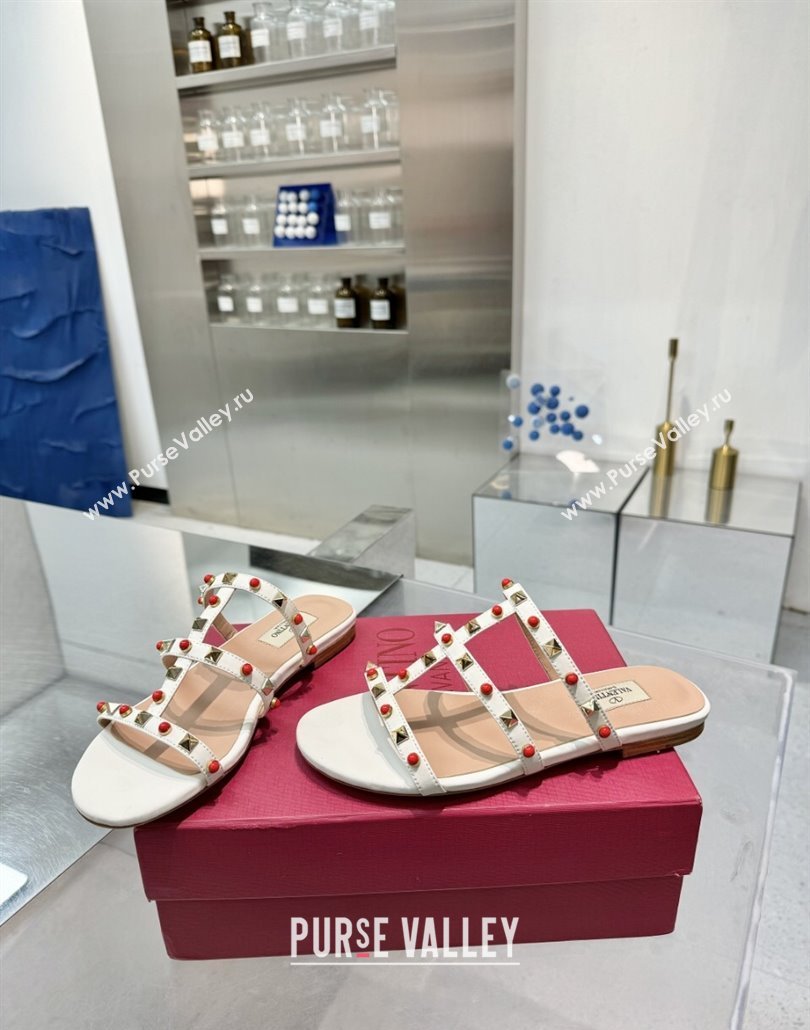 Valentino Rockstud Flat Slides Sandal in Calfskin with Stones Ivory White 2025 VLTN042803 (XL-250428058)
