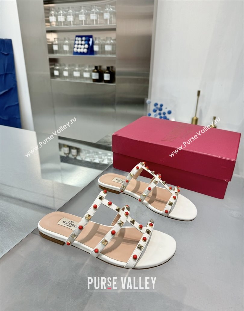 Valentino Rockstud Flat Slides Sandal in Calfskin with Stones Ivory White 2025 VLTN042803 (XL-250428058)