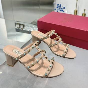 Valentino Rockstud Heel Slides Sandal 6.5cm in Calfskin with Stones Beige 2025 VLTN042803 (XL-250428059)