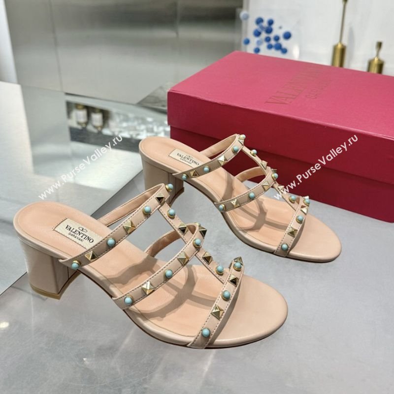 Valentino Rockstud Heel Slides Sandal 6.5cm in Calfskin with Stones Beige 2025 VLTN042803 (XL-250428059)