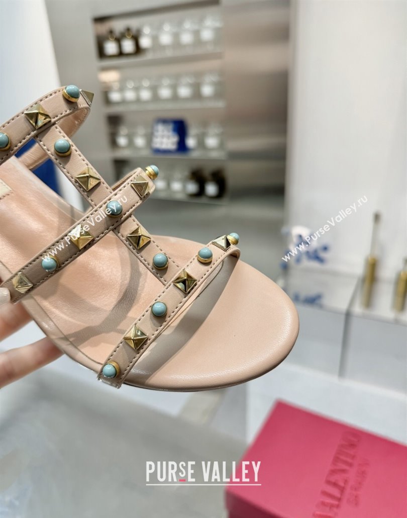 Valentino Rockstud Heel Slides Sandal 6.5cm in Calfskin with Stones Beige 2025 VLTN042803 (XL-250428059)