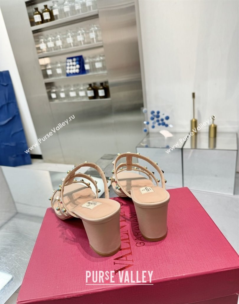 Valentino Rockstud Heel Slides Sandal 6.5cm in Calfskin with Stones Beige 2025 VLTN042803 (XL-250428059)