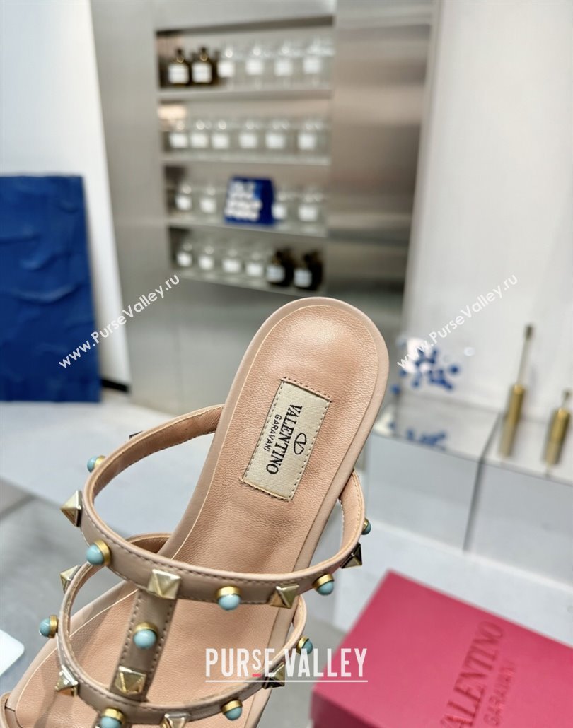 Valentino Rockstud Heel Slides Sandal 6.5cm in Calfskin with Stones Beige 2025 VLTN042803 (XL-250428059)