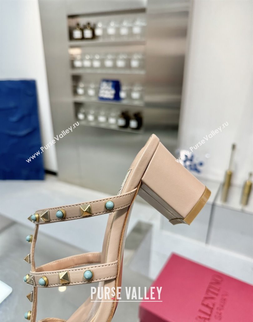 Valentino Rockstud Heel Slides Sandal 6.5cm in Calfskin with Stones Beige 2025 VLTN042803 (XL-250428059)