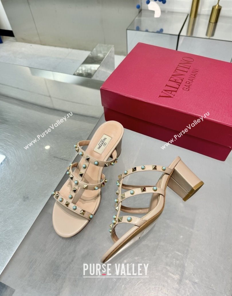 Valentino Rockstud Heel Slides Sandal 6.5cm in Calfskin with Stones Beige 2025 VLTN042803 (XL-250428059)