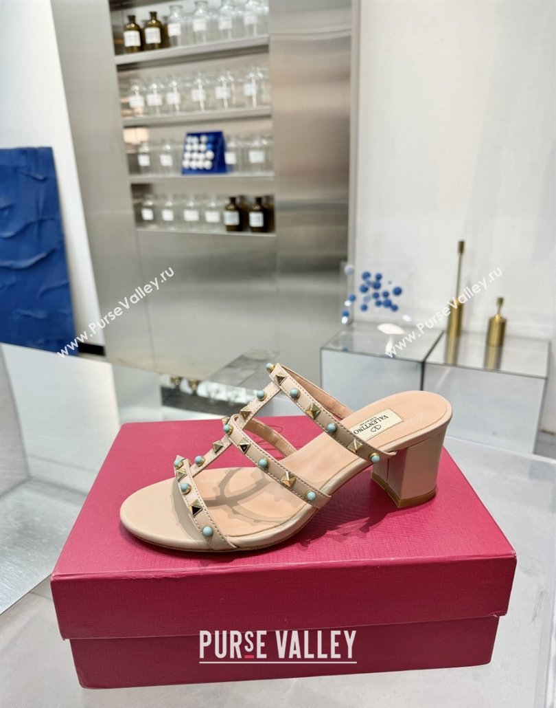 Valentino Rockstud Heel Slides Sandal 6.5cm in Calfskin with Stones Beige 2025 VLTN042803 (XL-250428059)