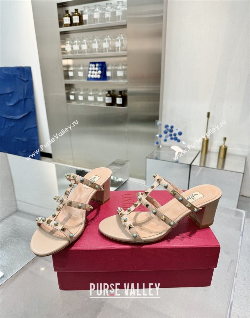Valentino Rockstud Heel Slides Sandal 6.5cm in Calfskin with Stones Beige 2025 VLTN042803 (XL-250428059)
