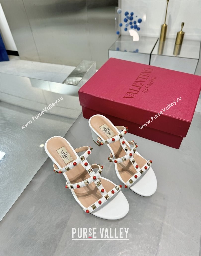 Valentino Rockstud Heel Slides Sandal 6.5cm in Calfskin with Stones Optic White 2025 VLTN042803 (XL-250428060)