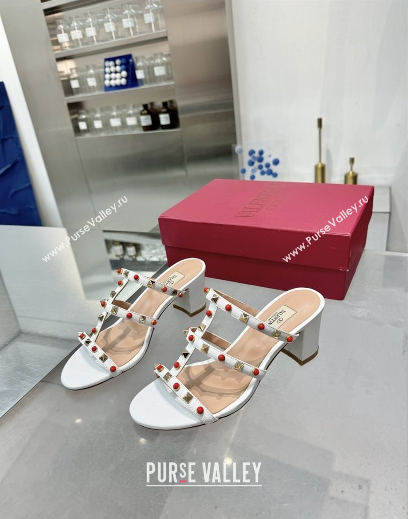 Valentino Rockstud Heel Slides Sandal 6.5cm in Calfskin with Stones Optic White 2025 VLTN042803 (XL-250428060)