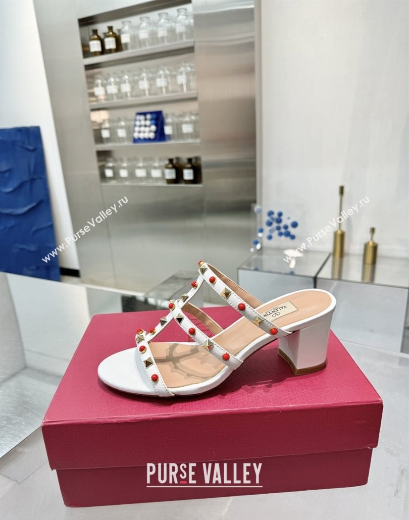 Valentino Rockstud Heel Slides Sandal 6.5cm in Calfskin with Stones Optic White 2025 VLTN042803 (XL-250428060)