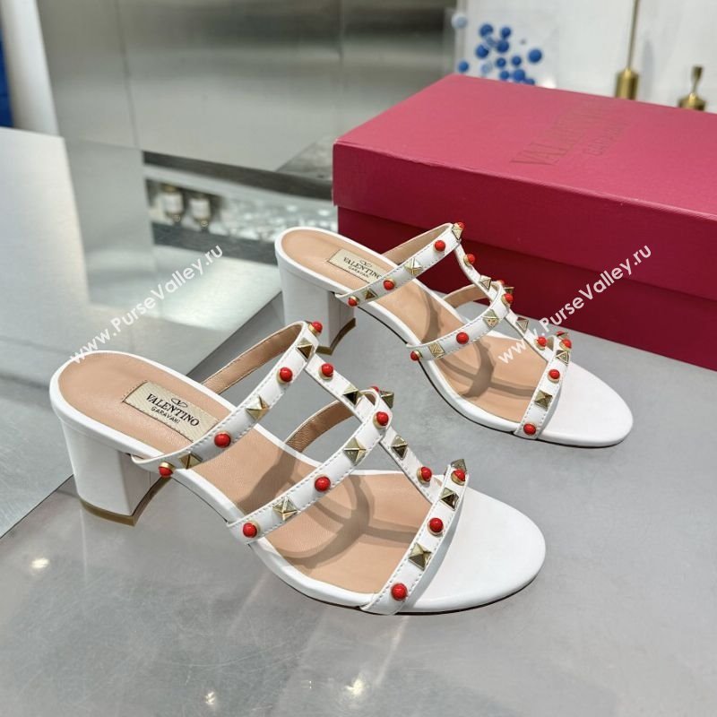 Valentino Rockstud Heel Slides Sandal 6.5cm in Calfskin with Stones Optic White 2025 VLTN042803 (XL-250428060)