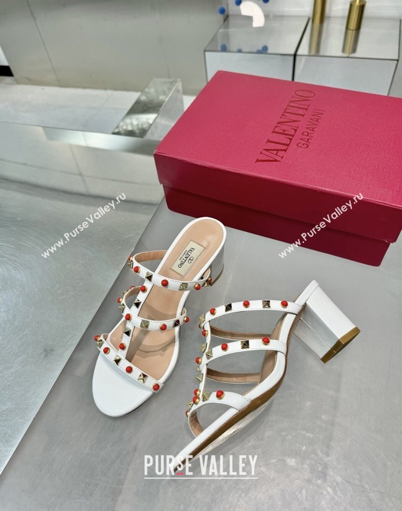 Valentino Rockstud Heel Slides Sandal 6.5cm in Calfskin with Stones Optic White 2025 VLTN042803 (XL-250428060)