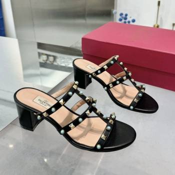 Valentino Rockstud Heel Slides Sandal 6.5cm in Calfskin with Stones Black 2025 VLTN042803 (XL-250428061)